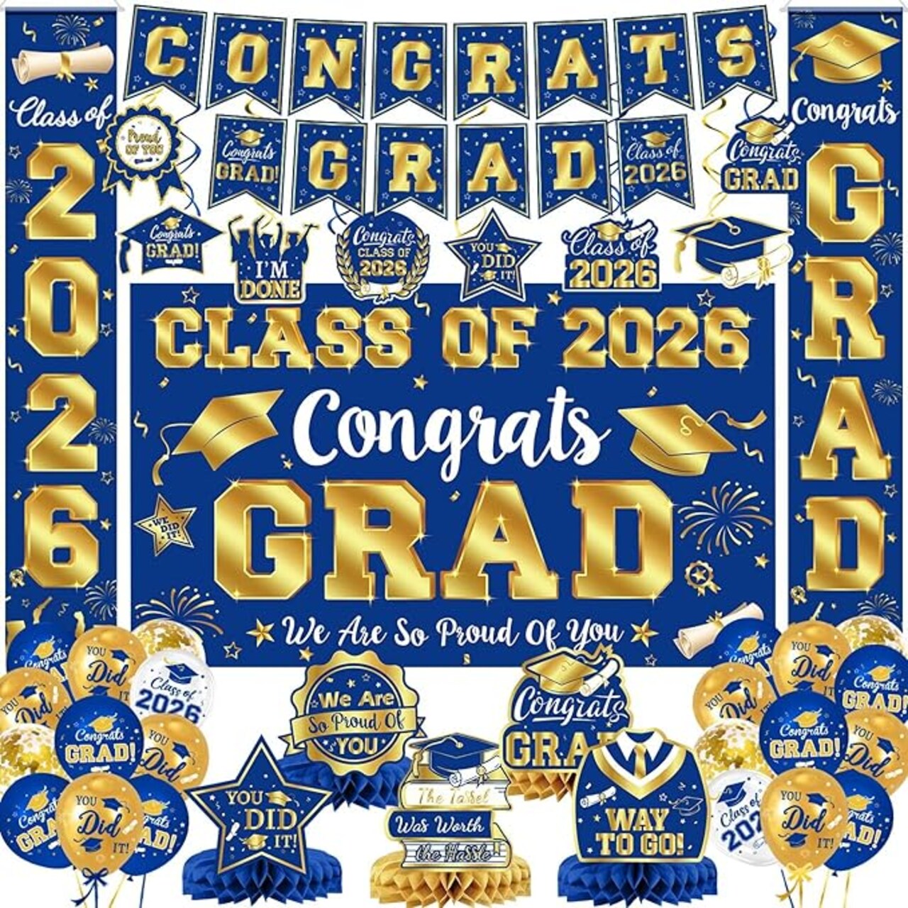 Class of 2026 Graduation Decorations Set - Blue & Gold Congrats Grad Party Kit - Includes Backdrop, Porch Signs, Hanging Swirls, Honeycomb Centerpieces & Balloons